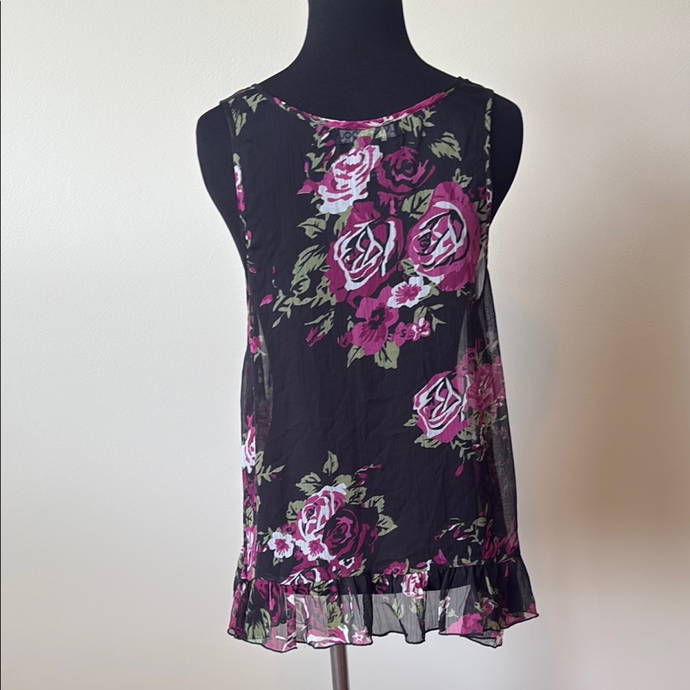Living Doll Floral Sleeveless Sheer Top with Ruffle hem - Picture 6 of 9
